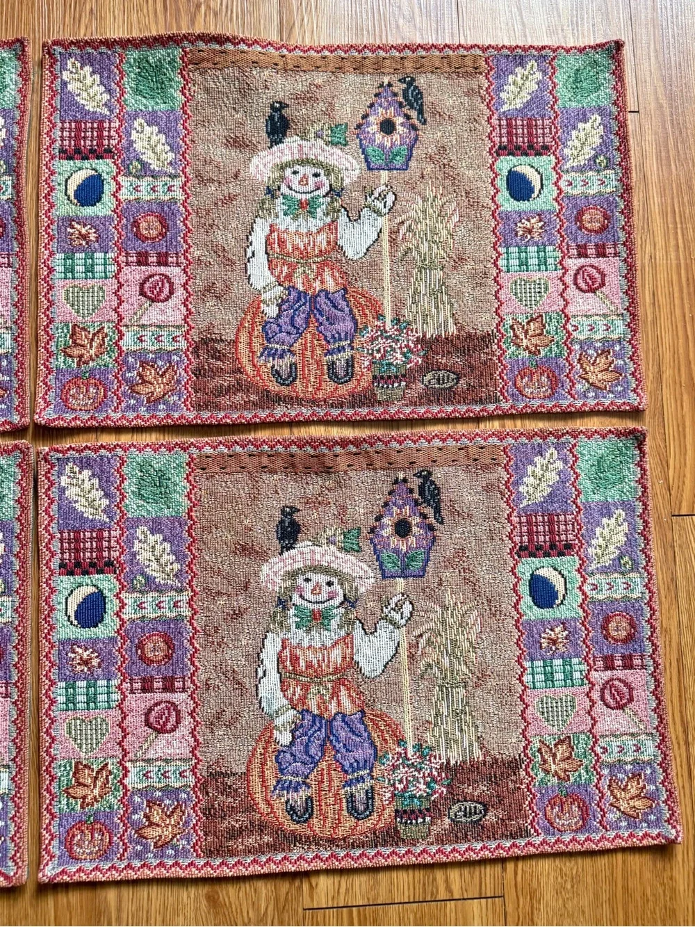 Vintage Fall Scarecrow Tapestry Placemats Set of 4 Woven Pumpkin Harvest Decor